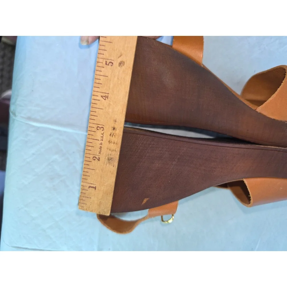 Mariella Tan Leather Wedge Sandals Made in Italy Wood Platform Ankle Strap 3.5